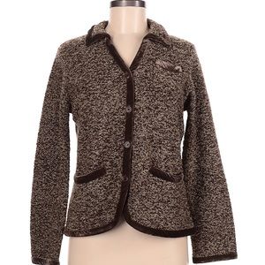 Jones New York Sport women’s cardigan sweater, brown boucle jacket velvet trim